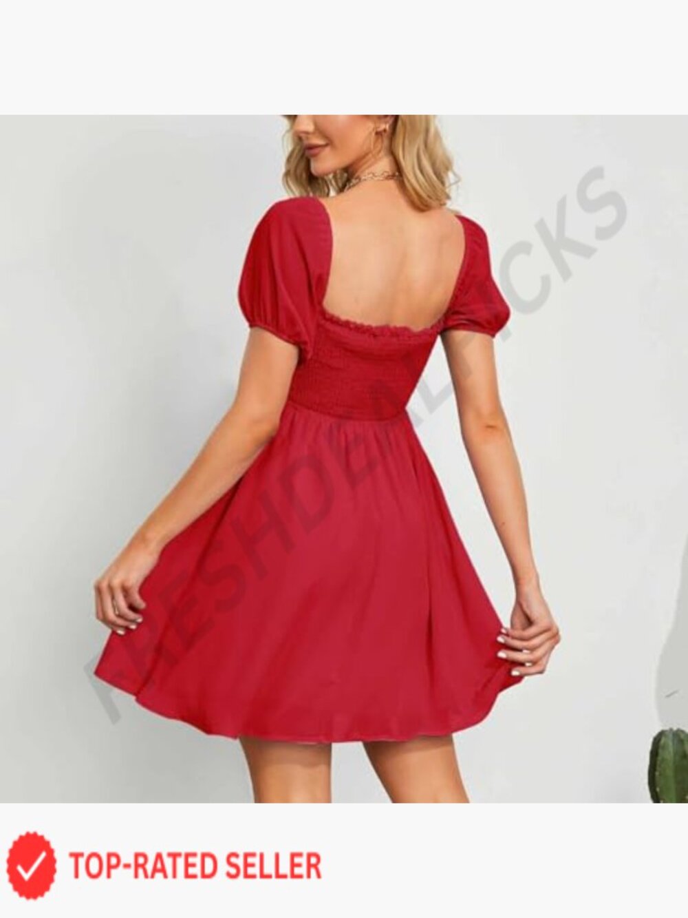 Sweetheart Neckline Smocked Sundress Puff Sleeve Drawstring Flowy Swing Dress - Picture 3 of 7
